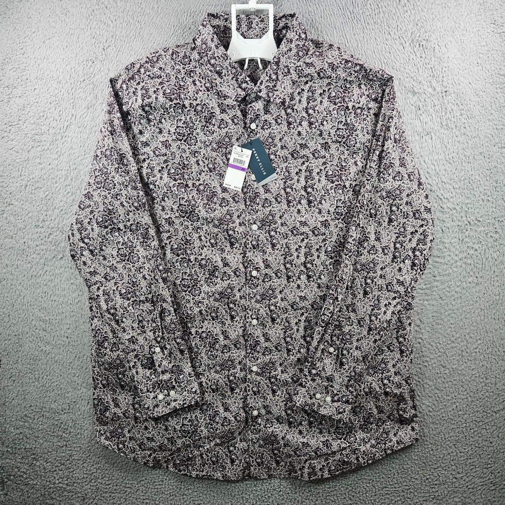 $99 NEW Perry Ellis Dress Shirt Men‎ 2X Stretch Long Sleeve Floral Maroon Red